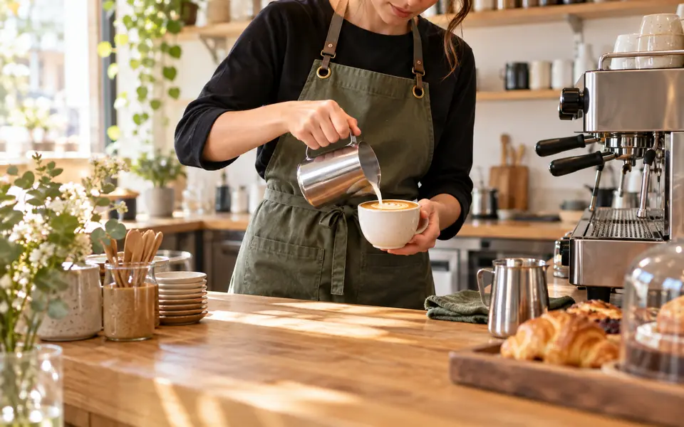 Barista bei der Zubereitung von Kaffee an einer hellen Theke