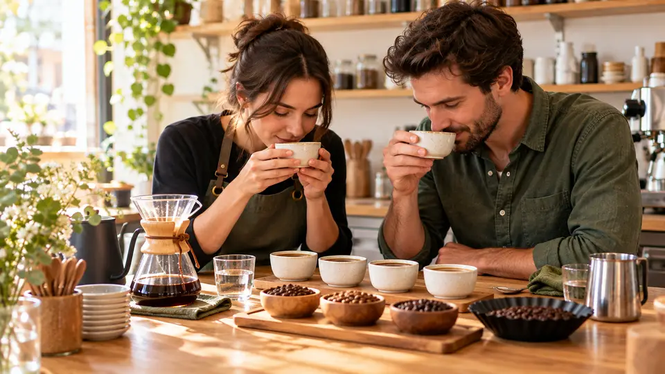 Kaffeebohnen und Tassen bei einer geführten Verkostung