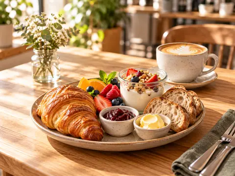 Frühstücksteller mit Gebäck, Aufstrich, Obst und Heißgetränk