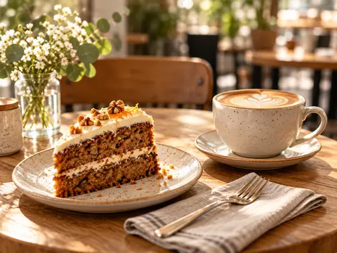 Stück Tageskuchen mit einer Tasse Kaffee auf einem Cafétisch
