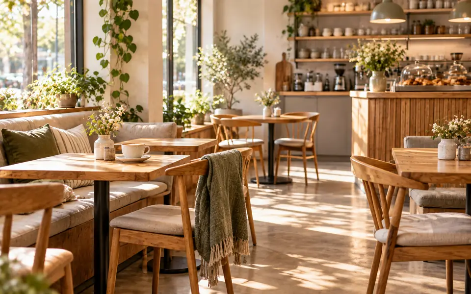 Warmer Sitzbereich eines kleinen Cafés